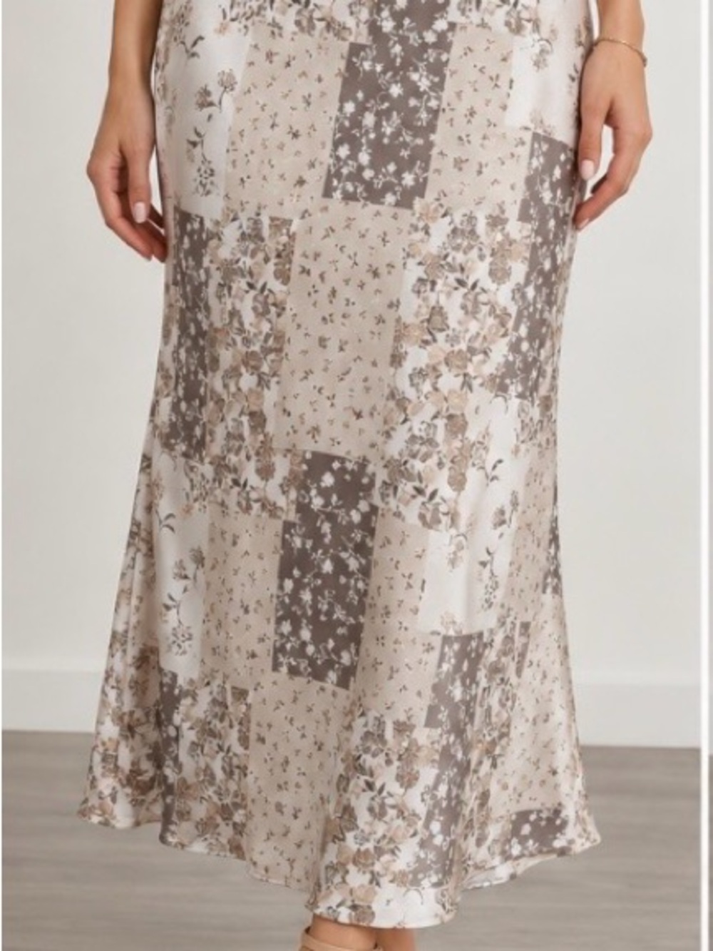 Modern Eternity Beige Patchwork Floral Satin Maxi Skirt